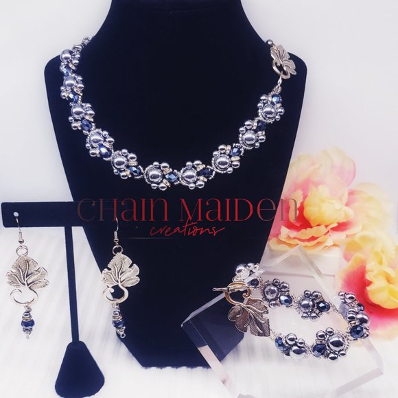 Midnight Ivy Hematite Jewelry - Silver & Dark Blue Necklace Bracelet Earring Set - Picture 11 of 14